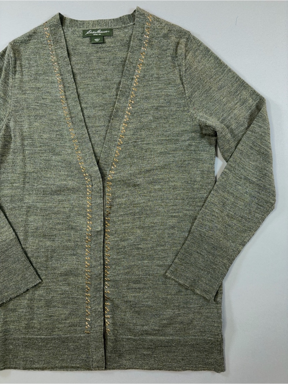 Eddie Bauer 100% Merino Wool Heathered Sage / Olive Green Long Cardigan Sweater